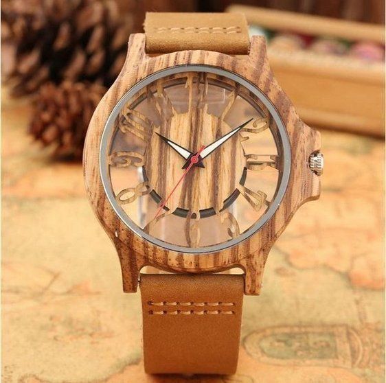 Uhren: Quarzuhr aus Holz Leder - Montre quartz en bois cuir V13633 – Neu und originalverpackt aus Lausanne von WATCH-WORLD
