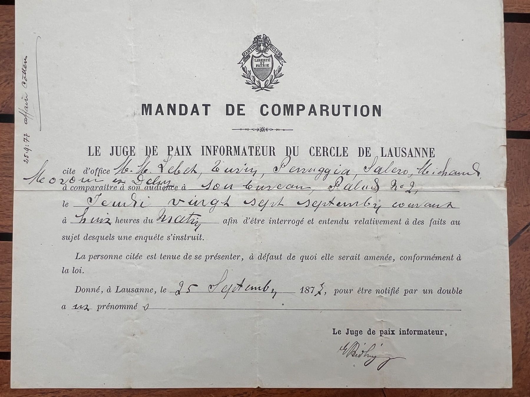 Documenti: Document officiel Lausanne Mandat de comparution 1877 – Usato da Savigny venduto da ron_q529