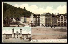 AK Einsiedeln, Kloster, Straßenpartie mit Rathaus