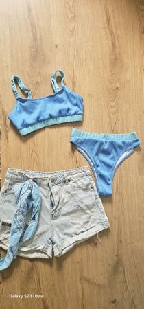 3-piece blue bikini set with denim shorts size L