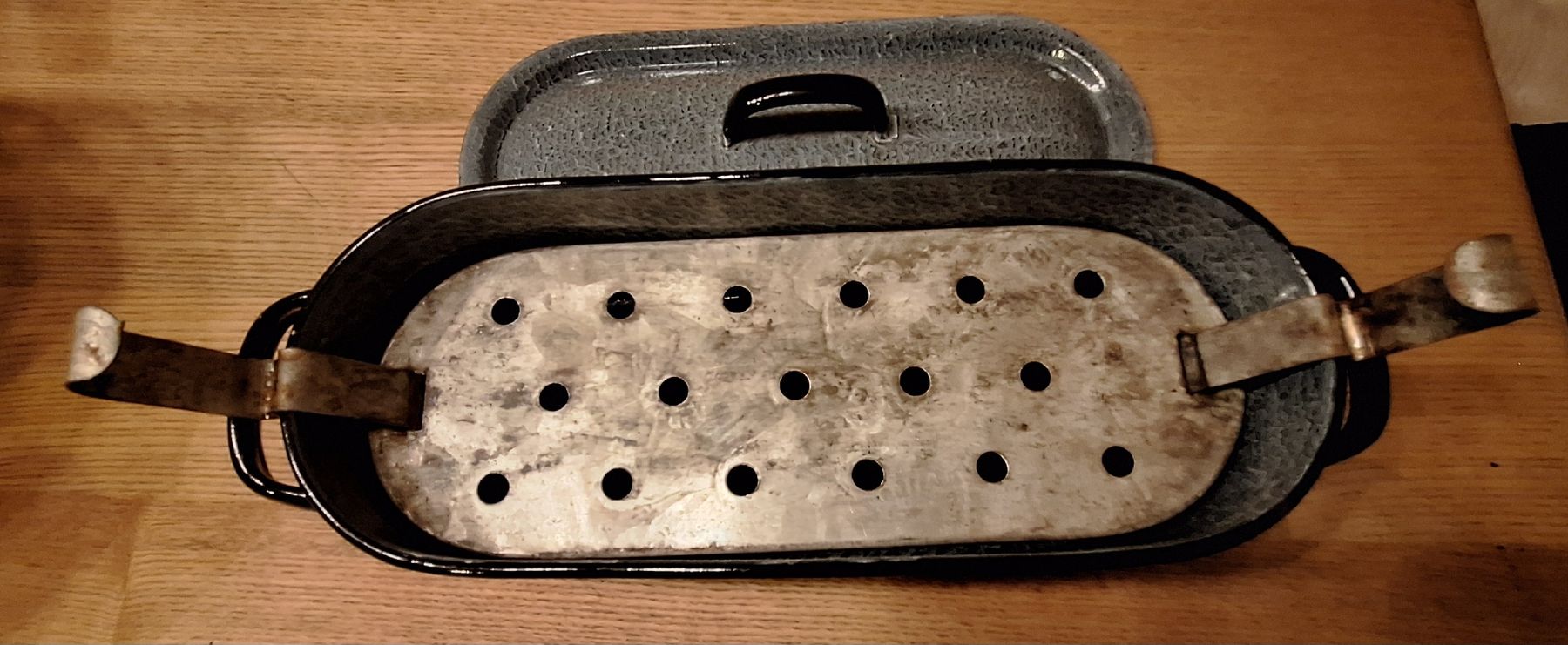 Poêles: Fischbräter aus Emaille grau oval mit Einsatz gebraucht – D'occasion à Adlikon b. Andelfingen par Kraemse 1