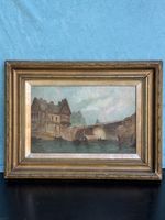 20th century oil signed painting on cartoon city view