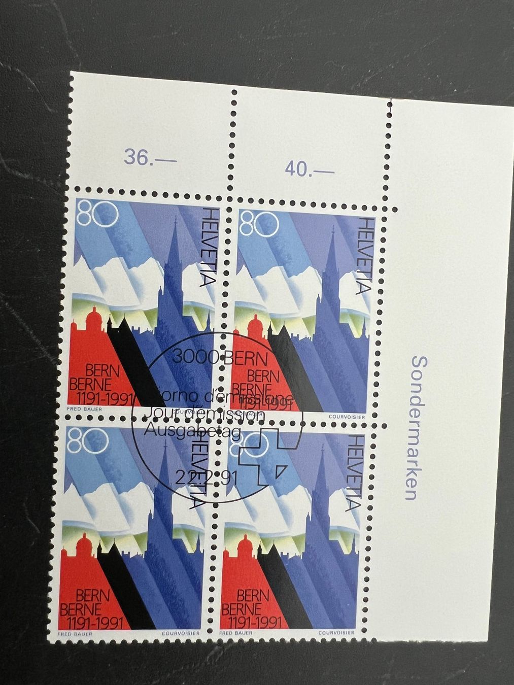 Tutti i francobolli: 1991 Erstag gest.Viererblock mit Tab (K30) – Usato da Hinwil venduto da Sidi4