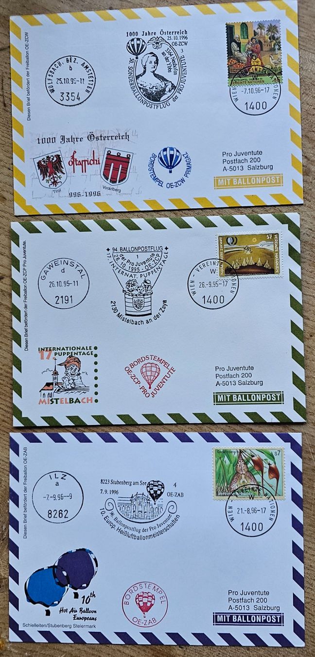 Tutti i francobolli: UNO Wien - 3 Pro Juventute Briefe mit Ballonpost – Nuovo (secondo la descrizione) da Les Valettes venduto da Nuba1