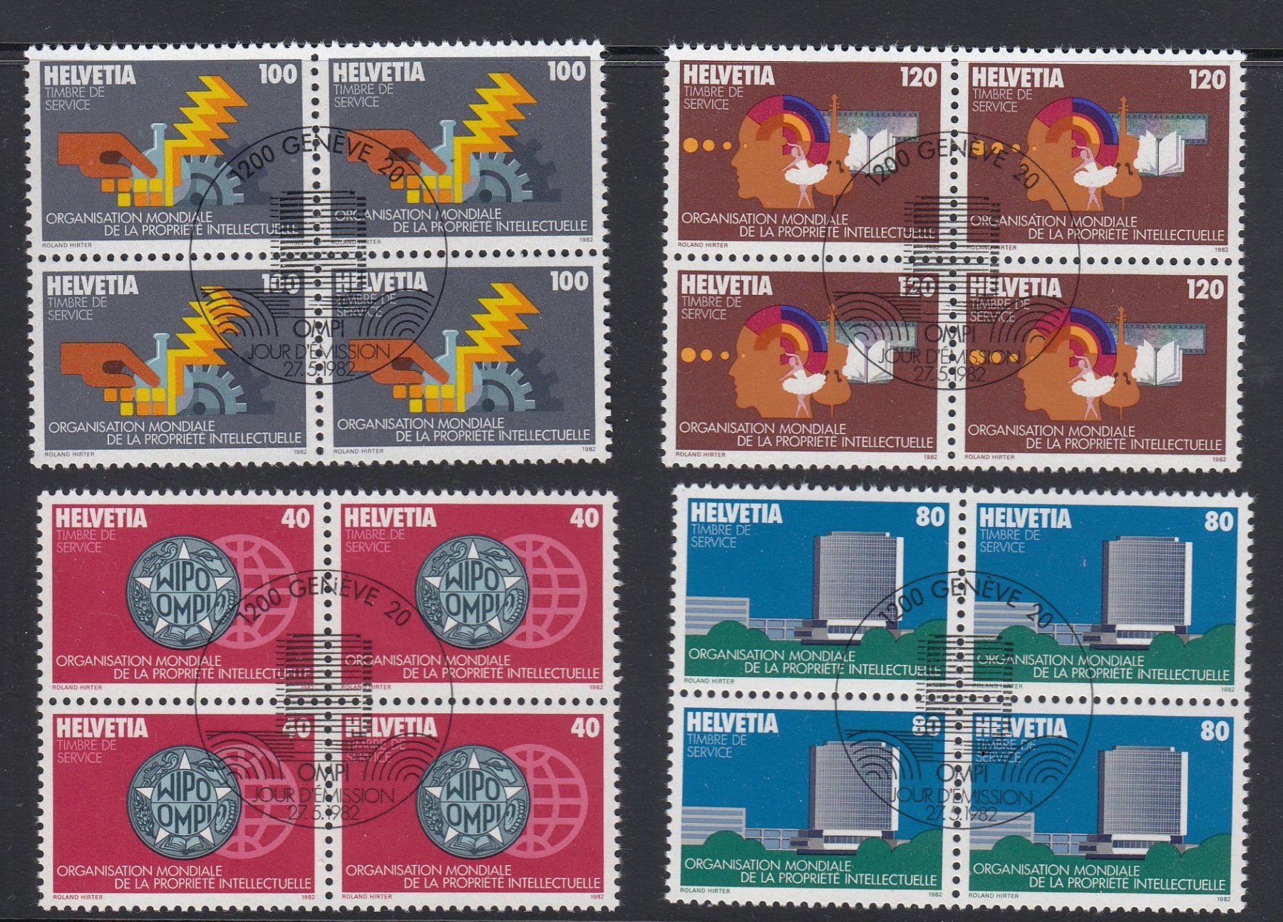 Tutti i francobolli: 1982 OMPI Weltorganisation geistiges Eigentum Viererblock ET – Usato da Spreitenbach venduto da Mustang_1105
