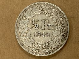 SVIZZERA 1/2  FR MONETA IN ARGENTO 1945 usata - circolata