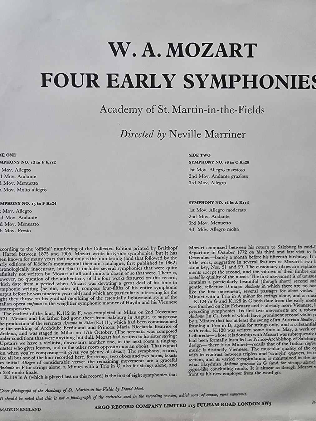 Dischi in vinile: Mozart four Earl Symphonies Marriner argo – Usato da Hedingen venduto da mickway 1