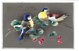 Frohes Neujahr - Vögel - Blaumeisen - Sperling - Präge-Litho