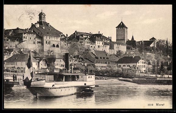 Cartoline postali: AK Morat, Schiff am Ufer, Blick in den Ort – Usato da Berlin venduto da bartko-reher
