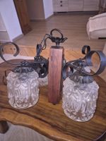 Lustre rustique en fer forgé avec 4 lampes en verre année 30