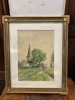 Aquarelle d'église encadrée, peinture vintage suisse