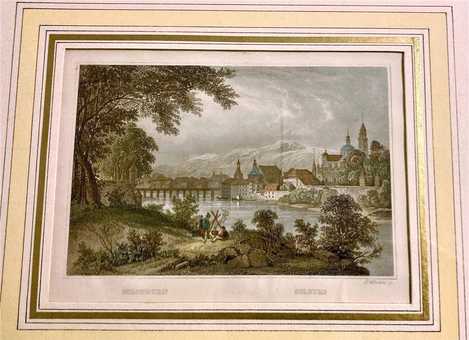 Grafiken & Lithographien: Antiker Stich Lithographie Solothurn farbig Goldrahmen – Gebraucht aus Wangen b. Olten von Buntgemischt 1