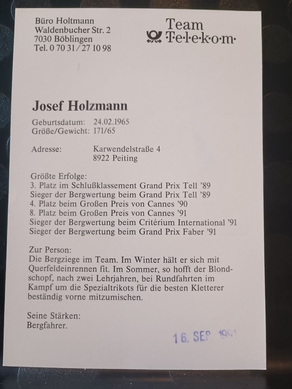 Autografi: Josef Holzmann - Radsport - Handsigniert – Usato da Menziken venduto da Artographs 1