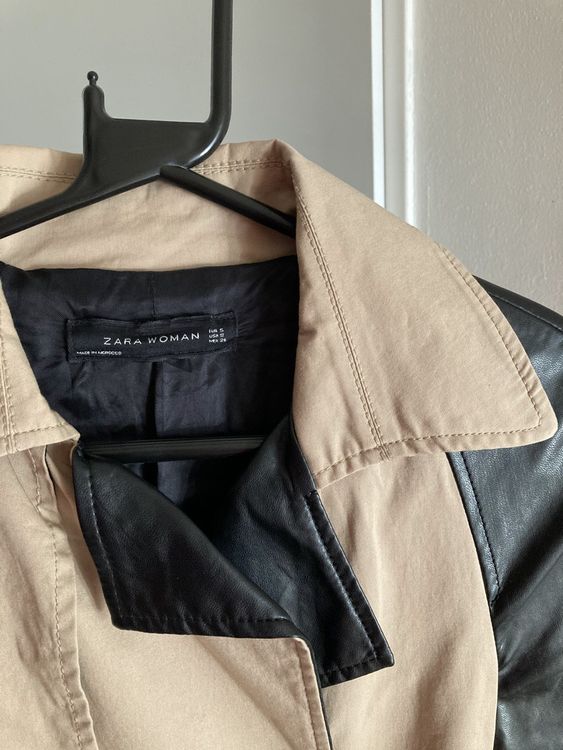 💗ZARA💗 Trench Coat Mantel Beige mit Schwarzes Kunstleder S