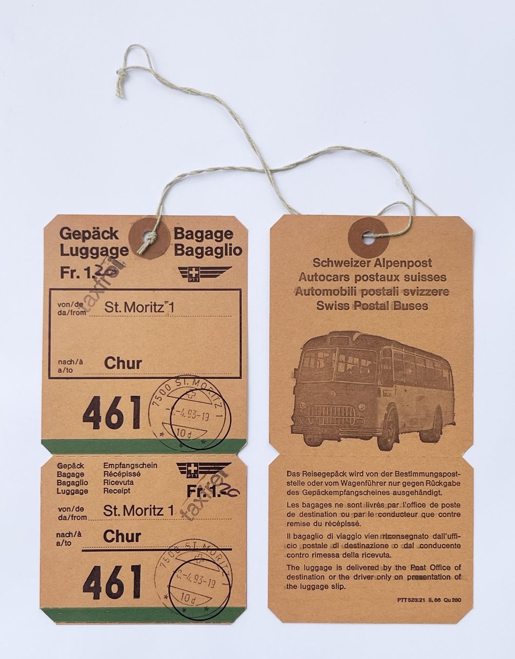 Tickets: St. Moritz 1 Chur Postauto PTT Billett Gepäck Etikette 1966 – Neu (gemäss Beschreibung) aus Bern von AWiBe