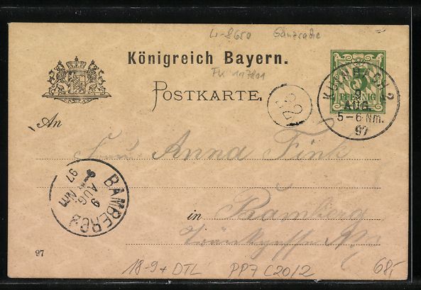 Ganzsachen: Litho Ganzsache Bayern PP7C20 /2: Kulmba – Gebraucht aus Berlin von bartko-reher 1