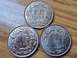1 Franken 1968-70 - fast unzirkuliert - Cu/Ni  - 3 Stück!