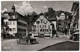 Sarnen, Platz und Geschäfte, SBB-Stempel, gelaufen 1948