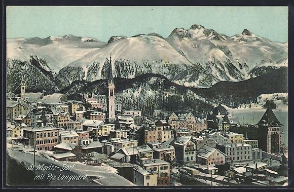 Cartoline postali: St. Moritz-Dorf, Ortsansicht im Winter m – Usato da Berlin venduto da bartko-reher