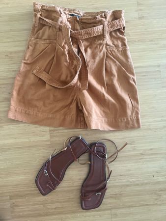 Short femme taille haute marron ceinture coton T36