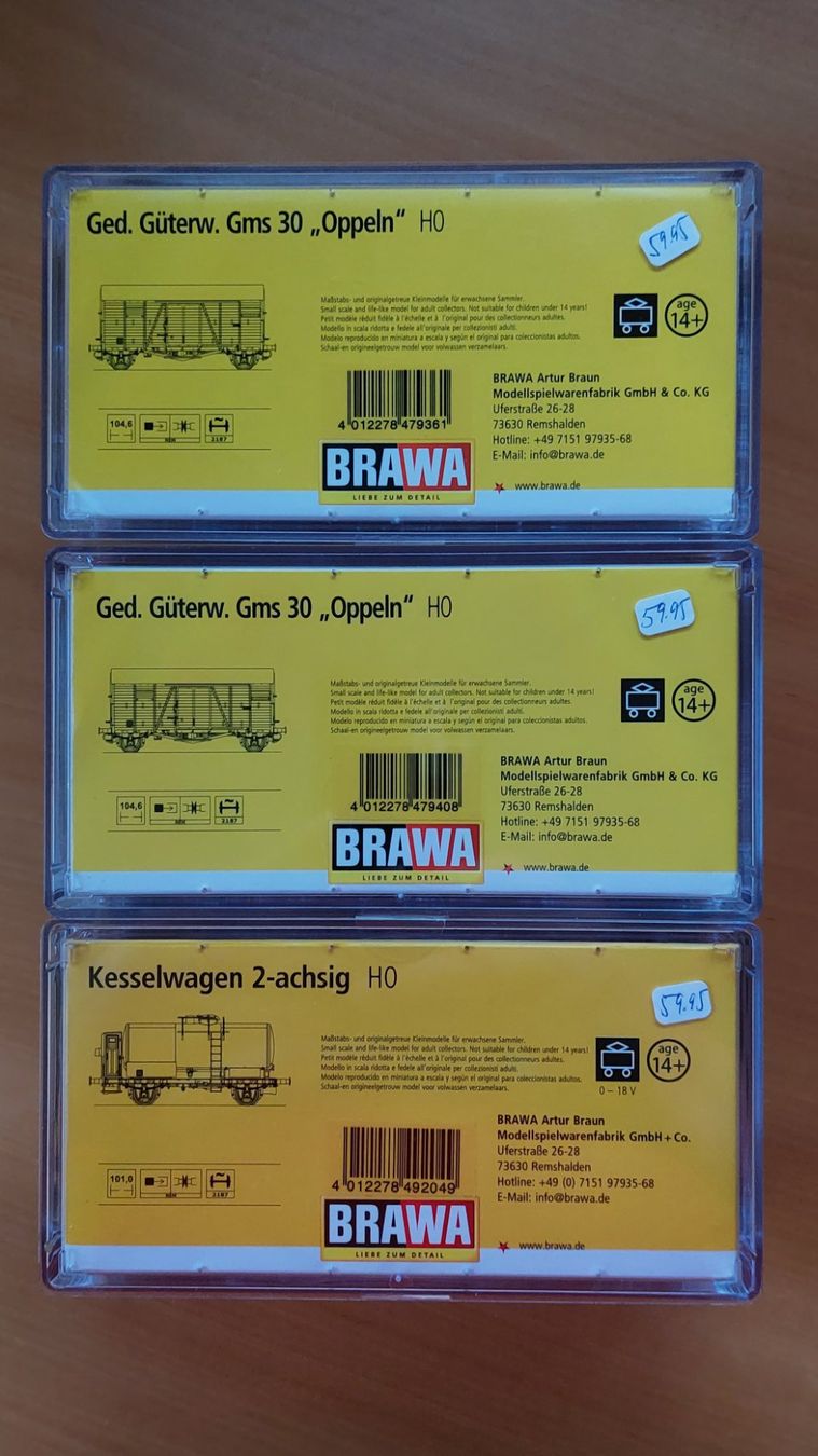 Brawa Modellini di ferrovie: BRAWA Set V - 3 verschiedene Güterwagen – Nuovo e nell'imballaggio originale da Rotkreuz venduto da MOBAHN-1zu87 3