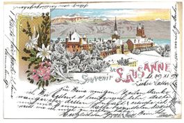 Souvenir de Lausanne (VD) Winter-Litho mit Glimmer - 1898 !