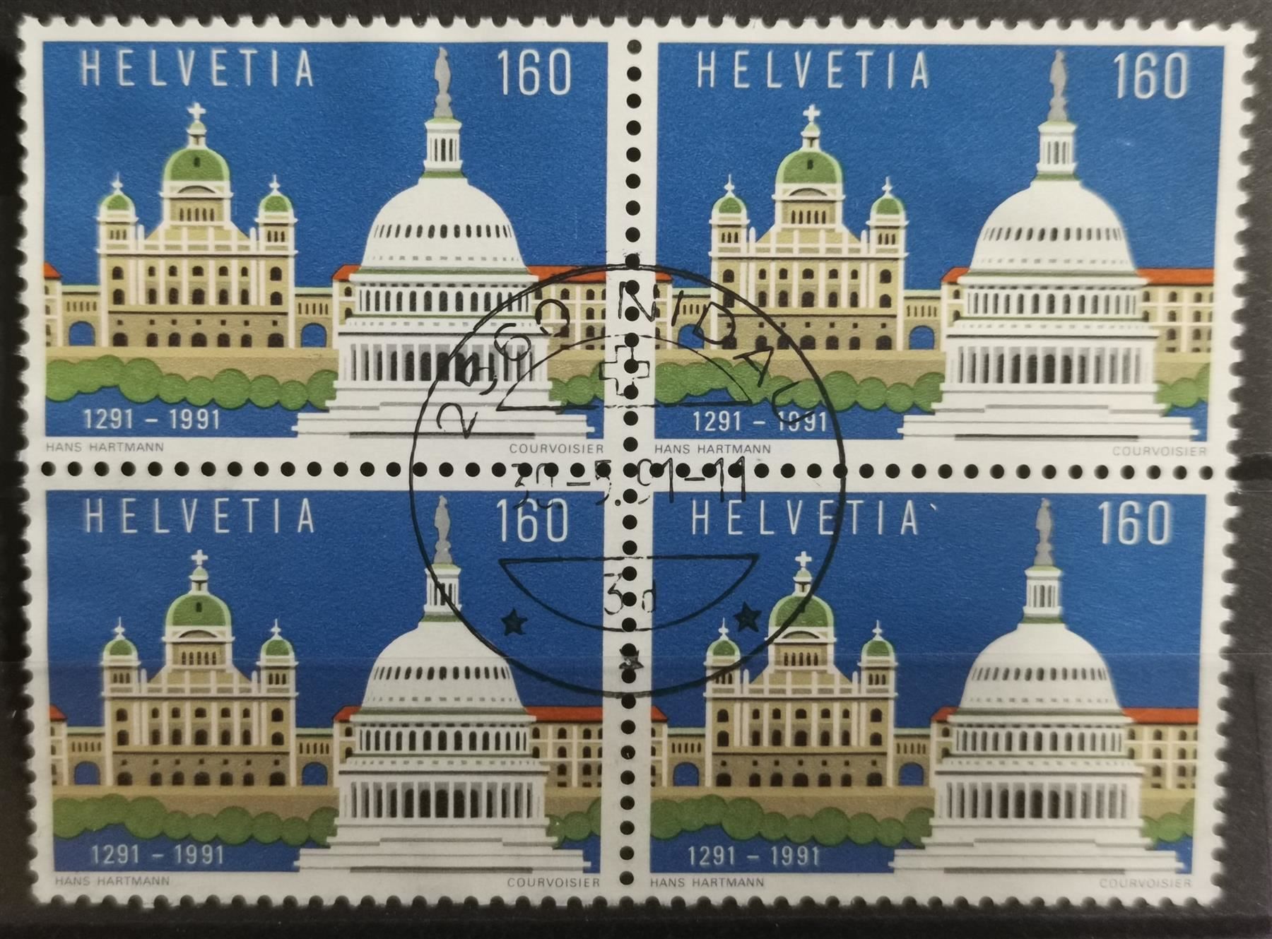 Alle Briefmarken: 1991 Schweiz & USA Viererblock – Gebraucht aus Dübendorf von goeggi79