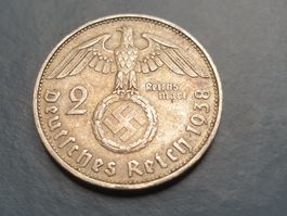 🇩🇪 Third Reich: 2 Reichsmark 1938 B Hindenburg. Silver