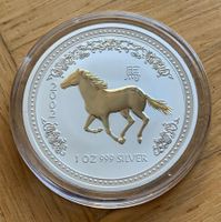 Lunar I Serie Münze Pferd 2002 / 1 Unze Silber gilded