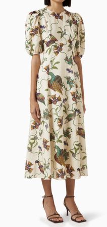 ALÉMAIS Dress beige bird print short sleeve US 4