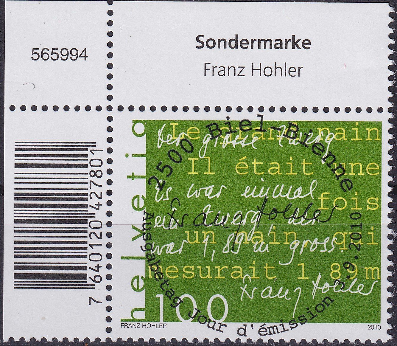 Tutti i francobolli: 2010, Nr.1365 "Franz Hohler" mit ET-Voll-Stempel +ECKTABS. – Usato da Sursee venduto da Luzernerraute