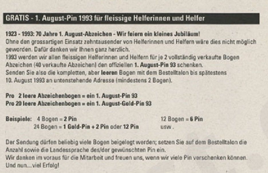 Placchette & Badge: 1 . AUGUST - ABZEICHEN -1993-Pins selten – Usato da Basel venduto da Grbina64 9