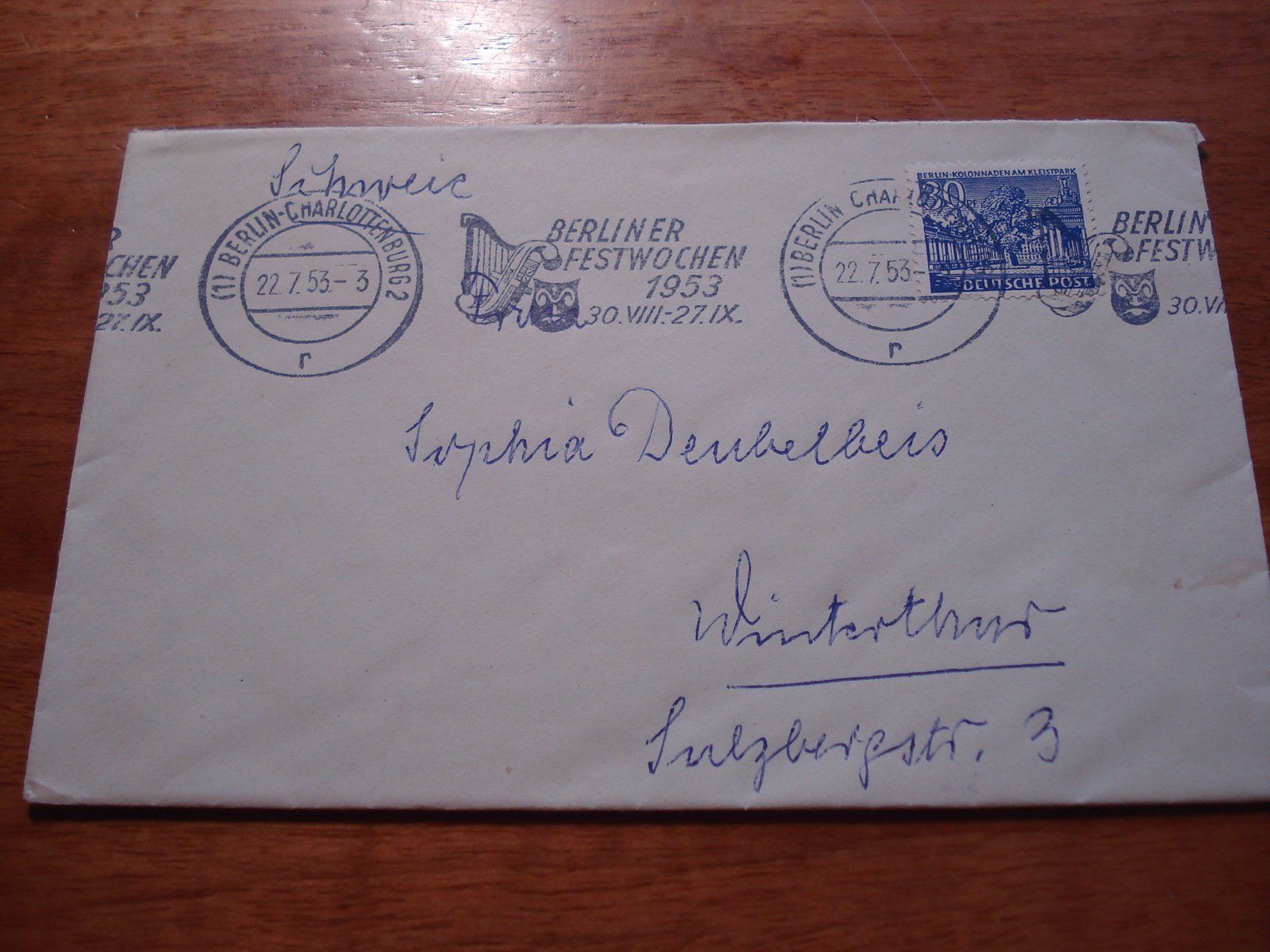 Alle Briefmarken: Brief Deutsche Post 1953, Werbe-o Berliner Festwochen – Gebraucht aus Niederwil AG von morostahu