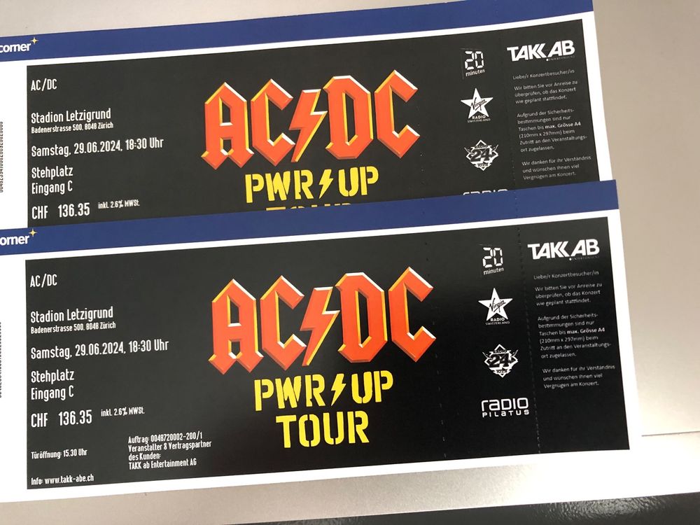 AC/DC Tickets Zürich - 2 Stück - Stehplatz (Neu und originalverpackt ...