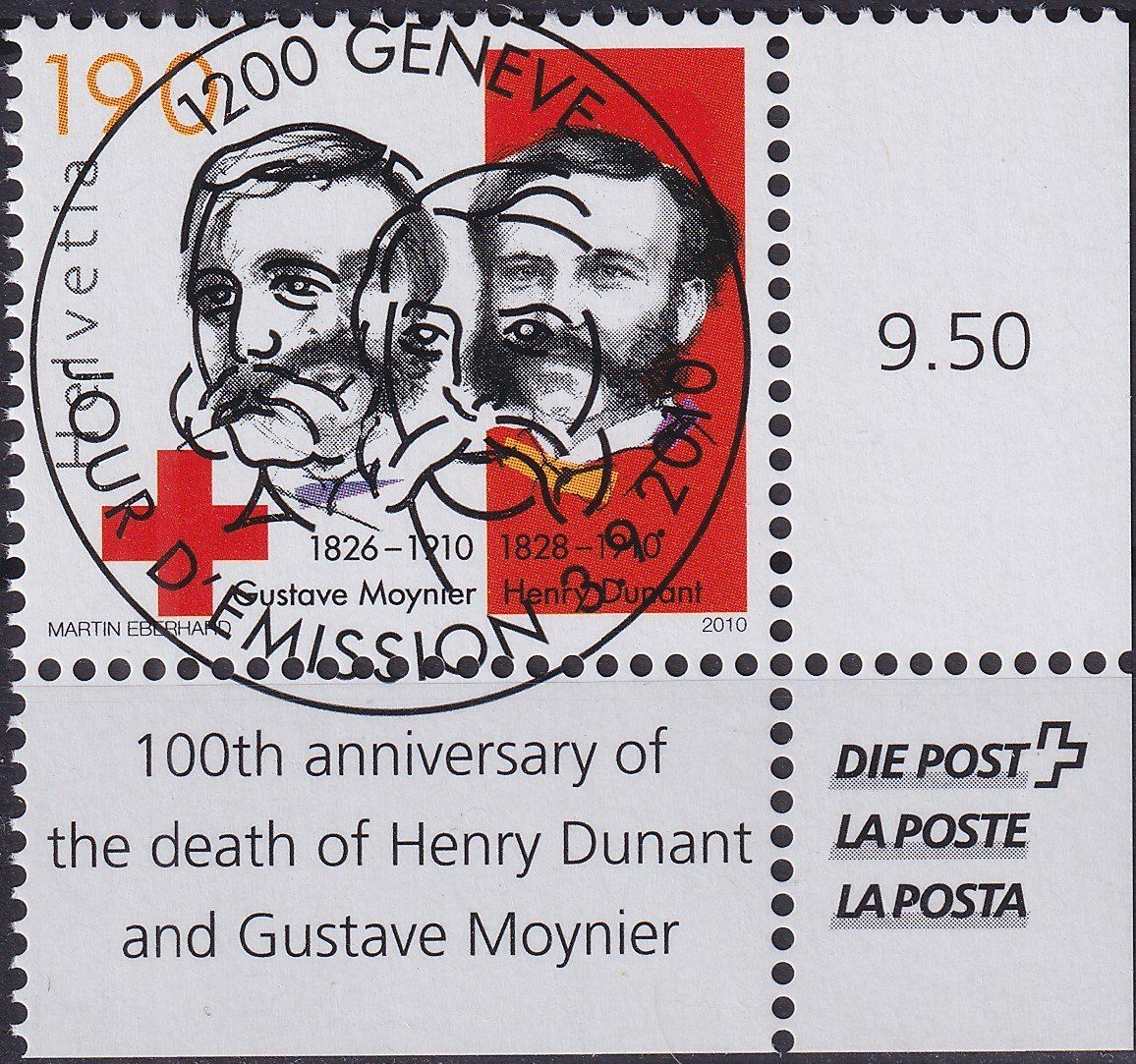 Alle Briefmarken: 2010, Nr.1358 "Dunant+Moynier" mit ET-Voll-Stempel +ECKTABS. – Gebraucht aus Sursee von Luzernerraute