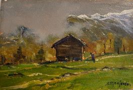 Dipinto olio su tavola, Paesaggio di montagna, Manfredi, XX