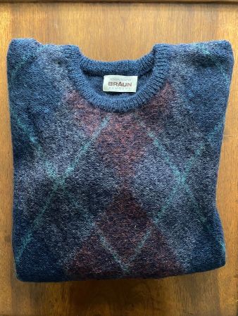 Sportlicher eleganter Wollpulover Rauten Muster dunkelblau M