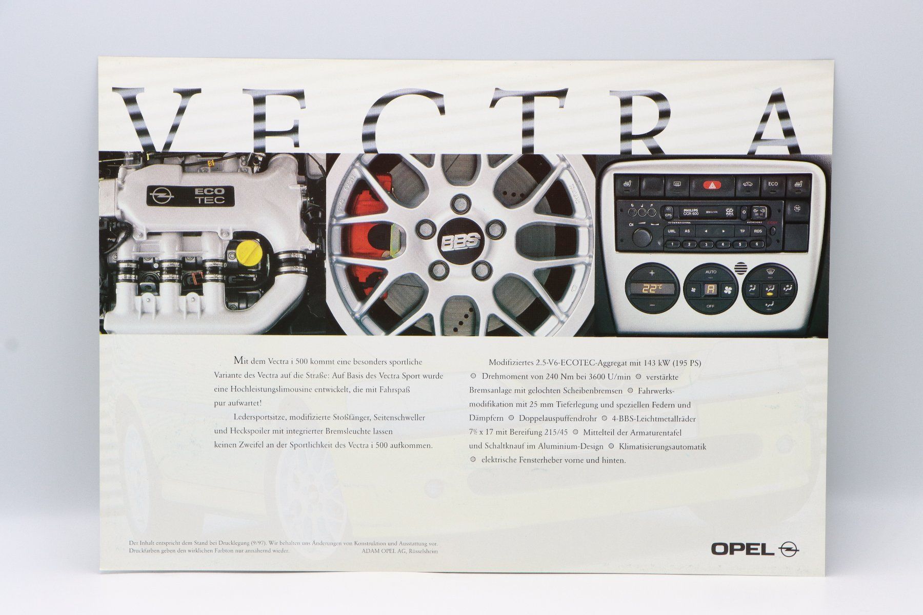 Opel Documenti: Opel Vectra i500 Studie 1997 Prospekt – Usato da Bühl b.Aarberg venduto da Collectorpassions 1