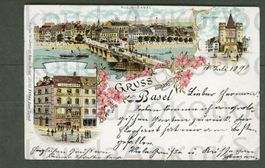 AK Farblitho Basel BS 3-Bild.Kaufhaus Brann Marktplatz≈1898 