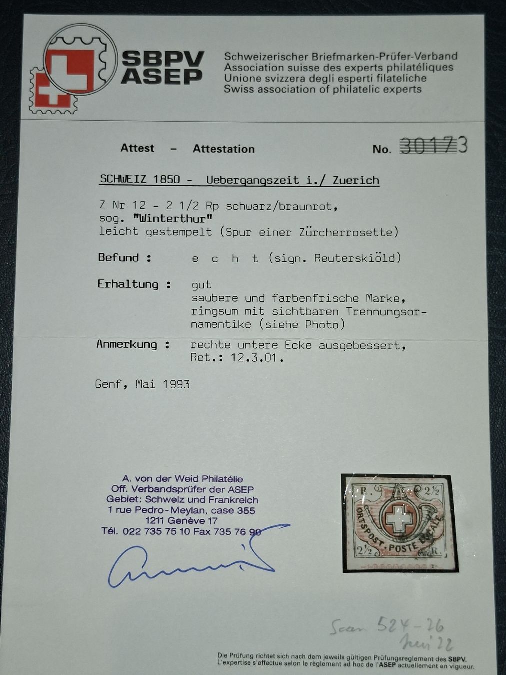 Alle Briefmarken: Winterthur Nr. 12 .3.01 Kat. 6150 – Gebraucht aus Balgach von SIMEON27 2