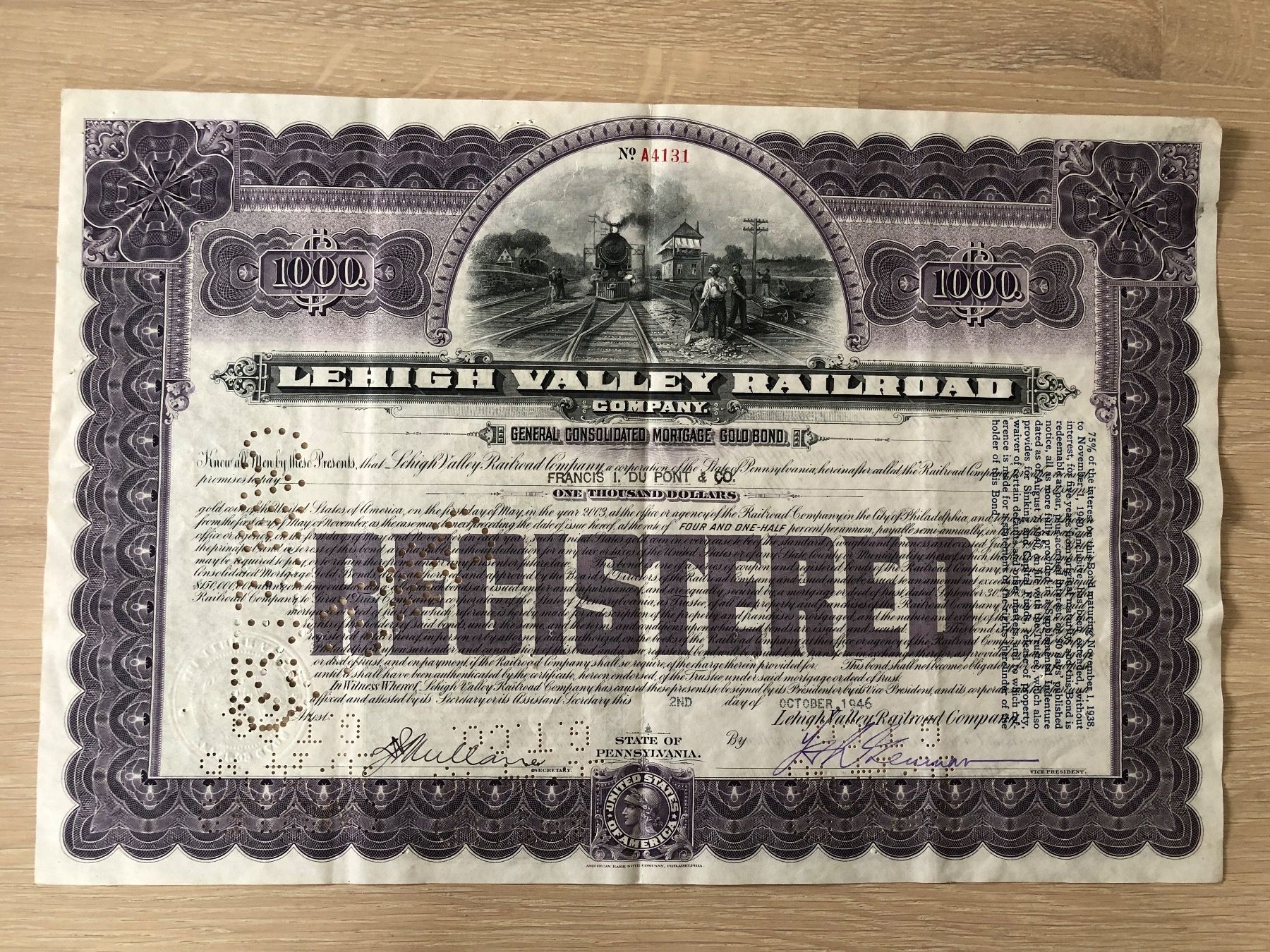 Documenti: RAR - Bahnaktie "Lehigh Valley Railroad Company" 1946 – Usato da Thalwil venduto da holoarte