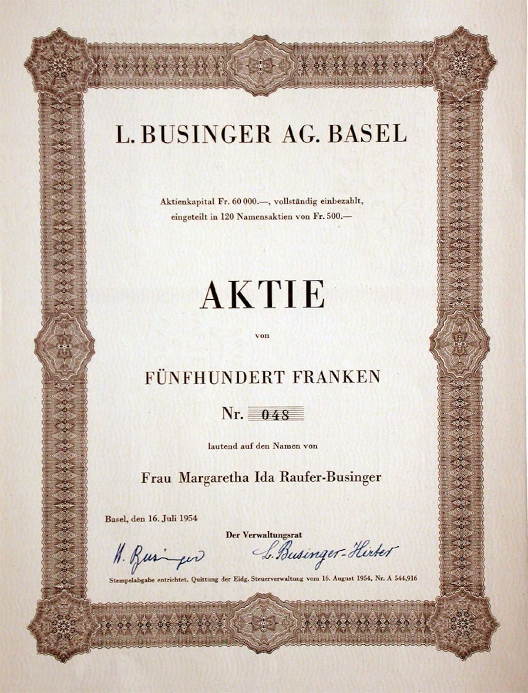 Documenti: L. Businger AG, Basel - 1954 – Usato da Solothurn venduto da Sgasche