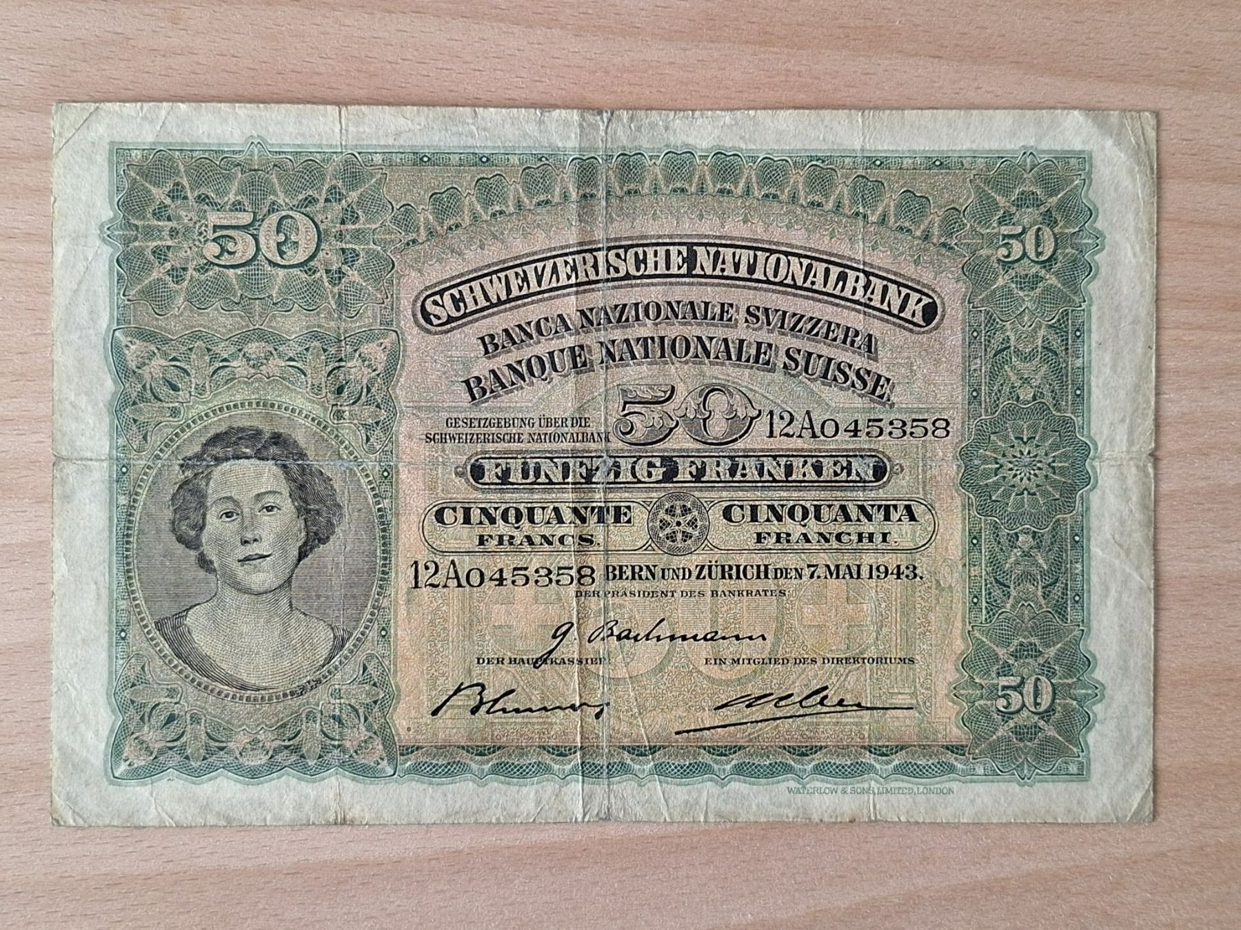 Banconote: Schweizer Banknote, 50 Franken, JG 1943 – Usato da Lohn-Ammannsegg venduto da Beo71