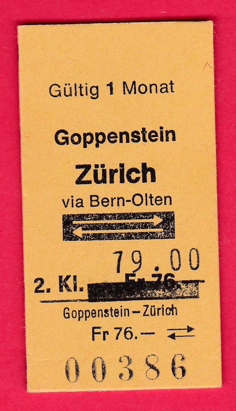 Biglietti: KARTON BILLETT, GOPPENSTEIN - ZÜRICH, 2.KLASSE, RETOUR – Usato da Oberrieden venduto da Gebirgsstelze