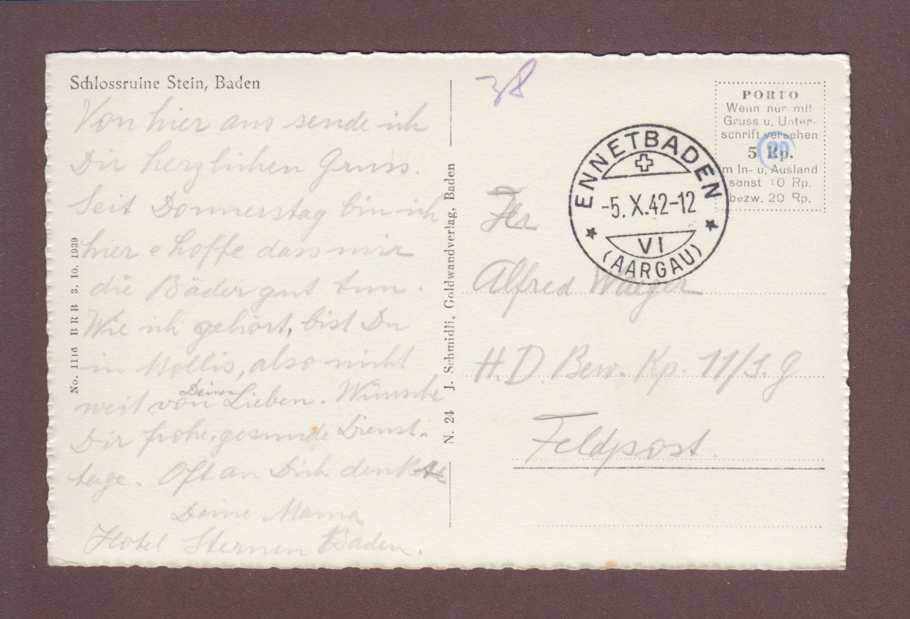 Cartoline postali: BADEN - Schlossruine STEIN - 1942 – Usato da Pully venduto da nicecards 1