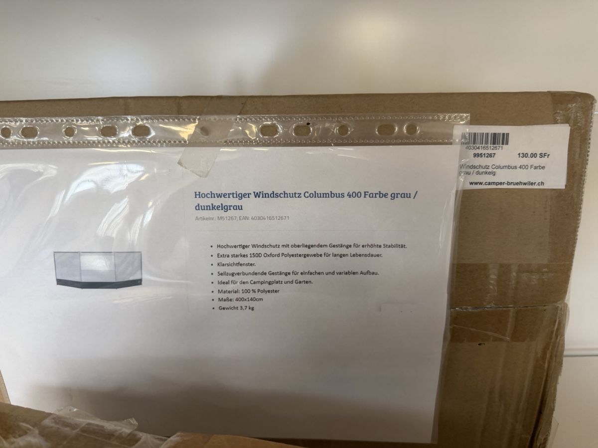 Sonstiges: Neuwertiger Columbus 400 Windschutz, grau/dunkelgrau – Neu und originalverpackt aus Baar von BRCamper