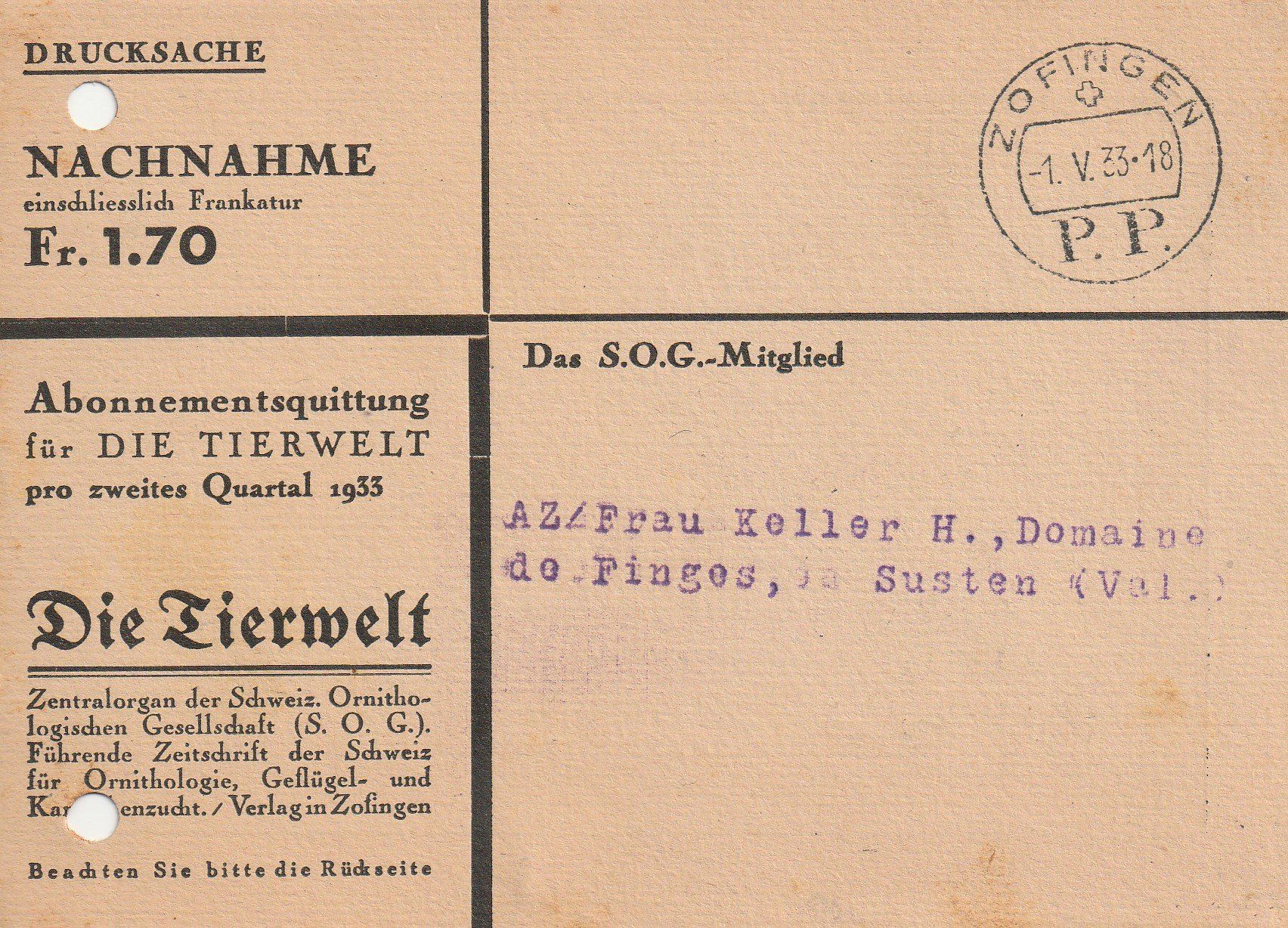 Tutti i francobolli: Zofingen-Nachnahme-1933 – Usato da uttwil venduto da Koehlerfred