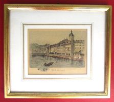 Luzern - Holzstich um 1890 - Reussquai - Hôtel de Ville