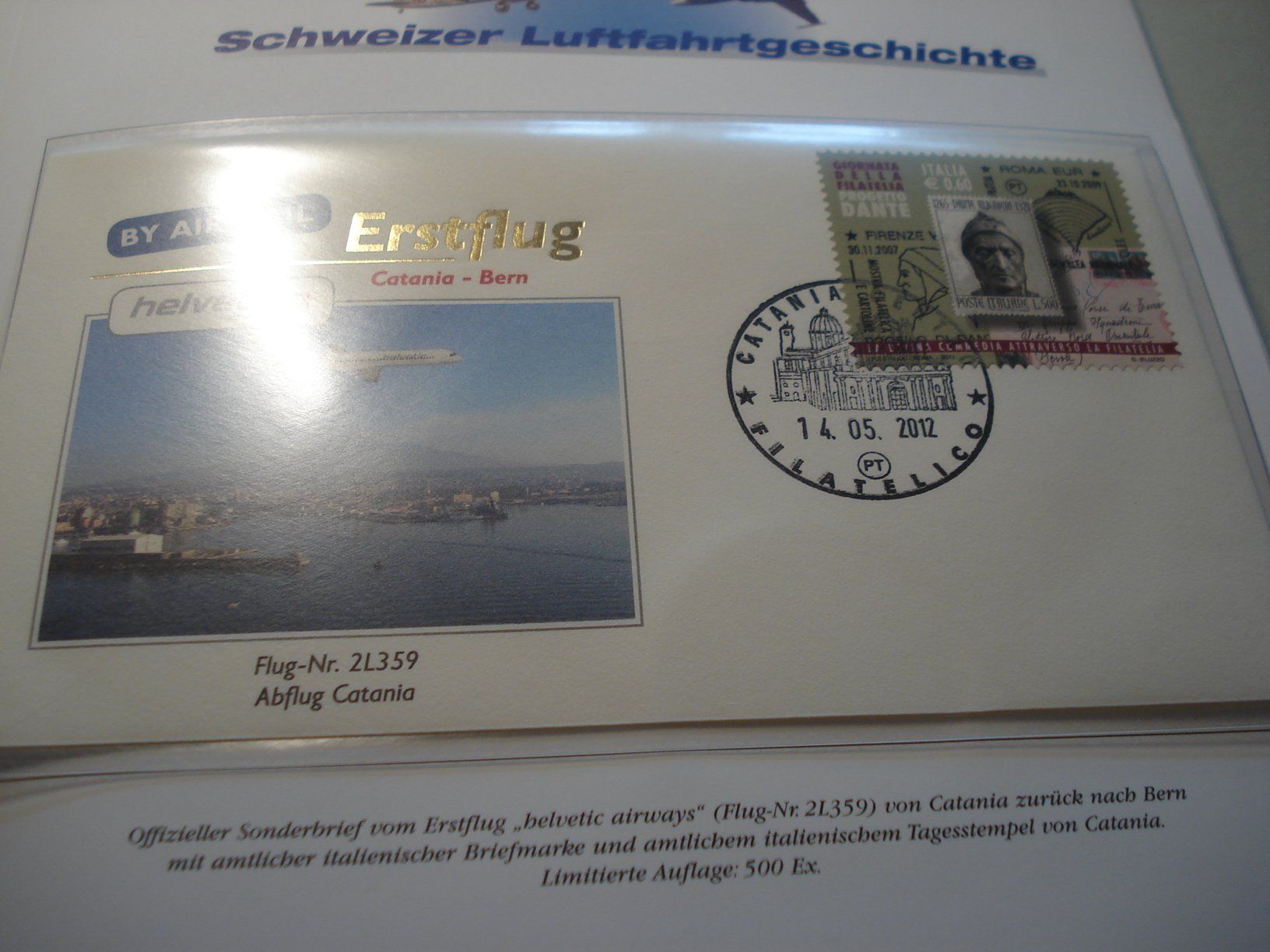Alle Briefmarken: 2 Briefe Erstflug Helvetic, 2012, Bern-Catania-Bern – Gebraucht aus Niederwil AG von morostahu 1