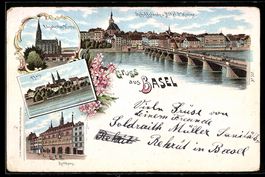 Lithographie Basel, Schiffstände und Hotel 3 Könige, Rathaus